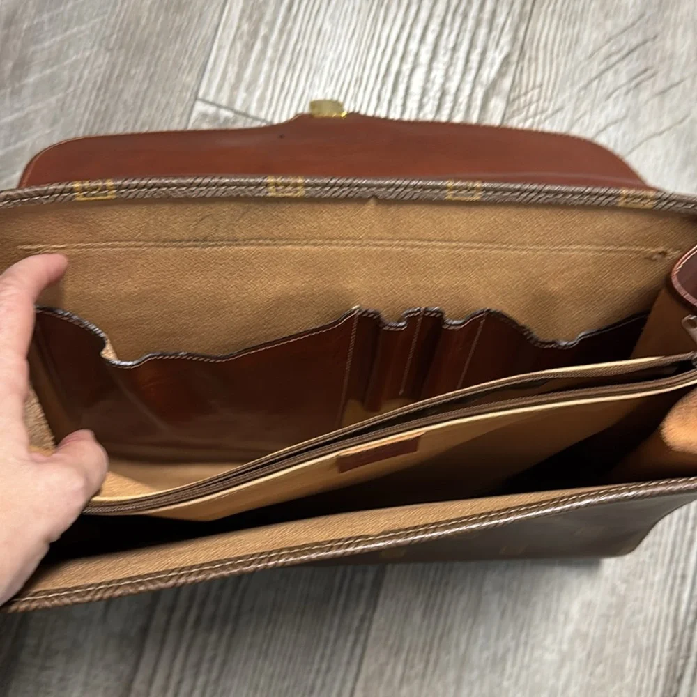Vintage Texier Brown leather Italian briefcase laptop travel bag man-purse gold
